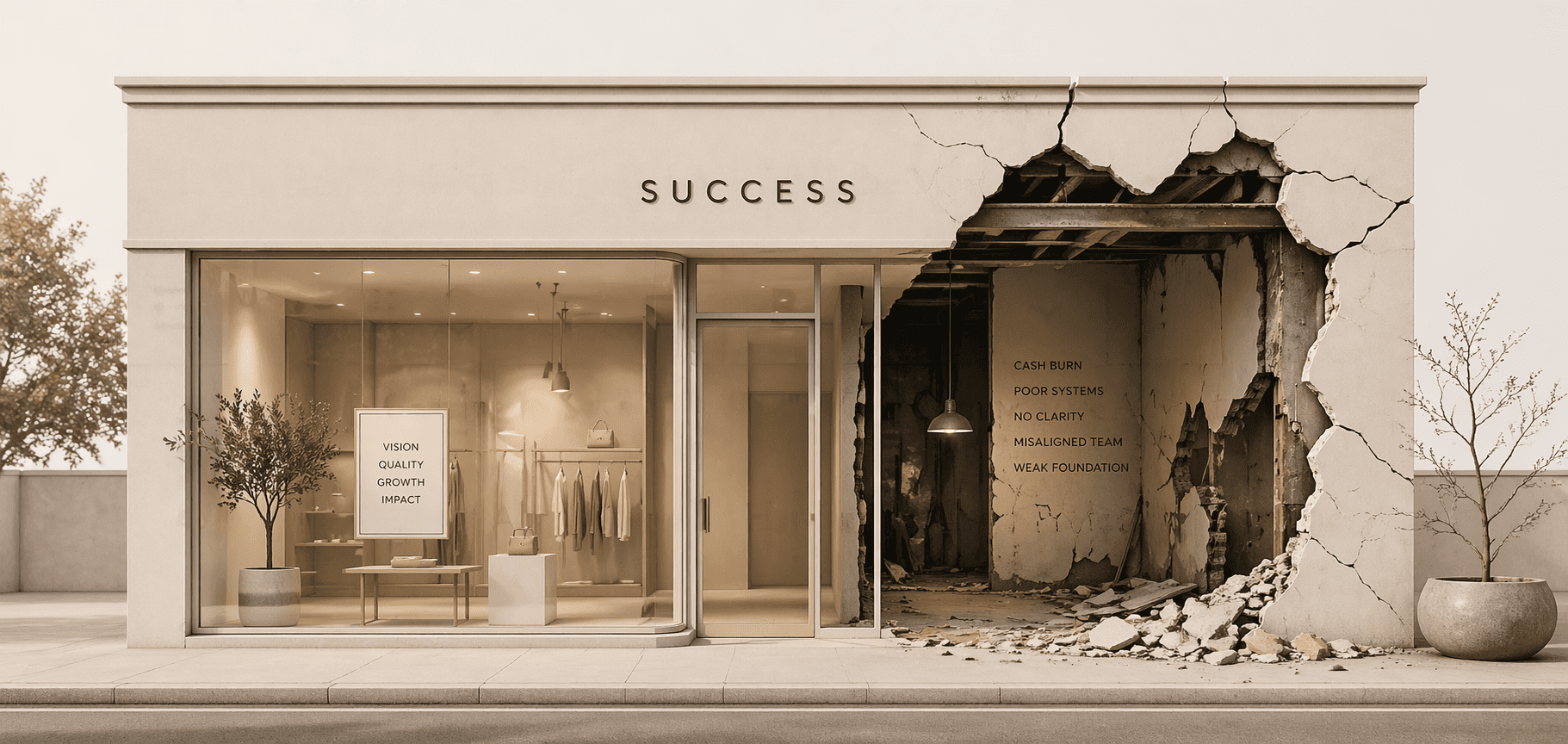A sleek modern business storefront that looks perfect from the outside but has visible cracks and broken structure behind it symbolic of what Kayla learnt being years in business