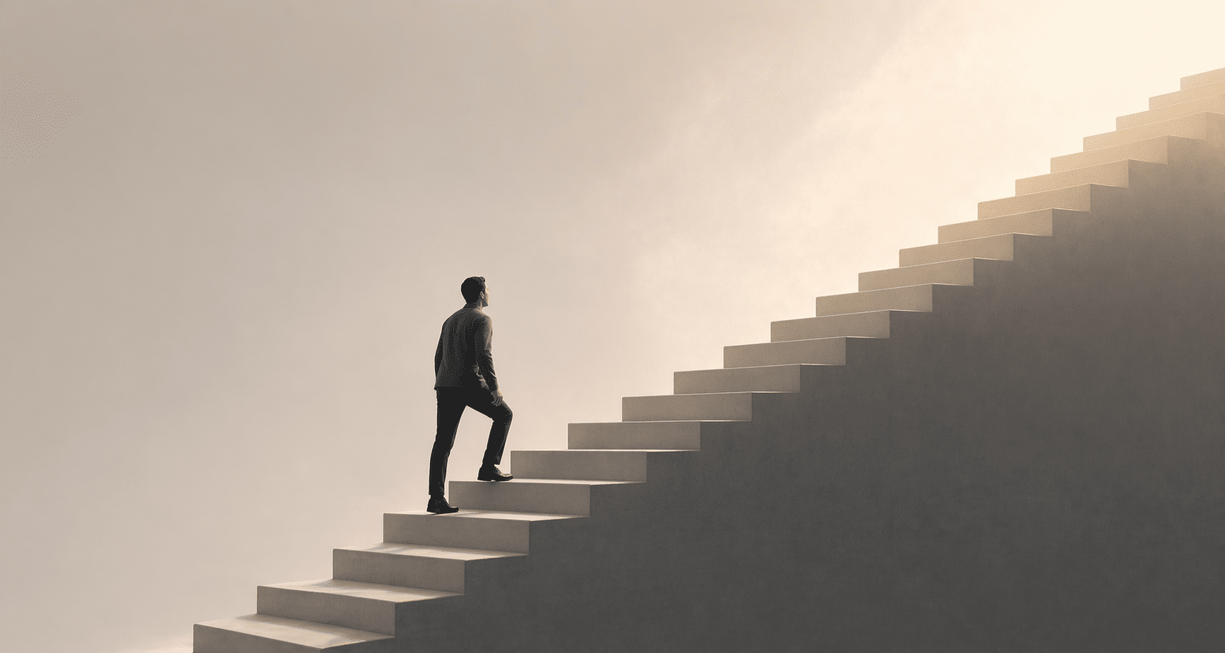 A minimalist illustration of a person climbing stairs alone with no one around, self-driven progress, symbolic of independence which is a lesson kayla learnt from years of being in the business